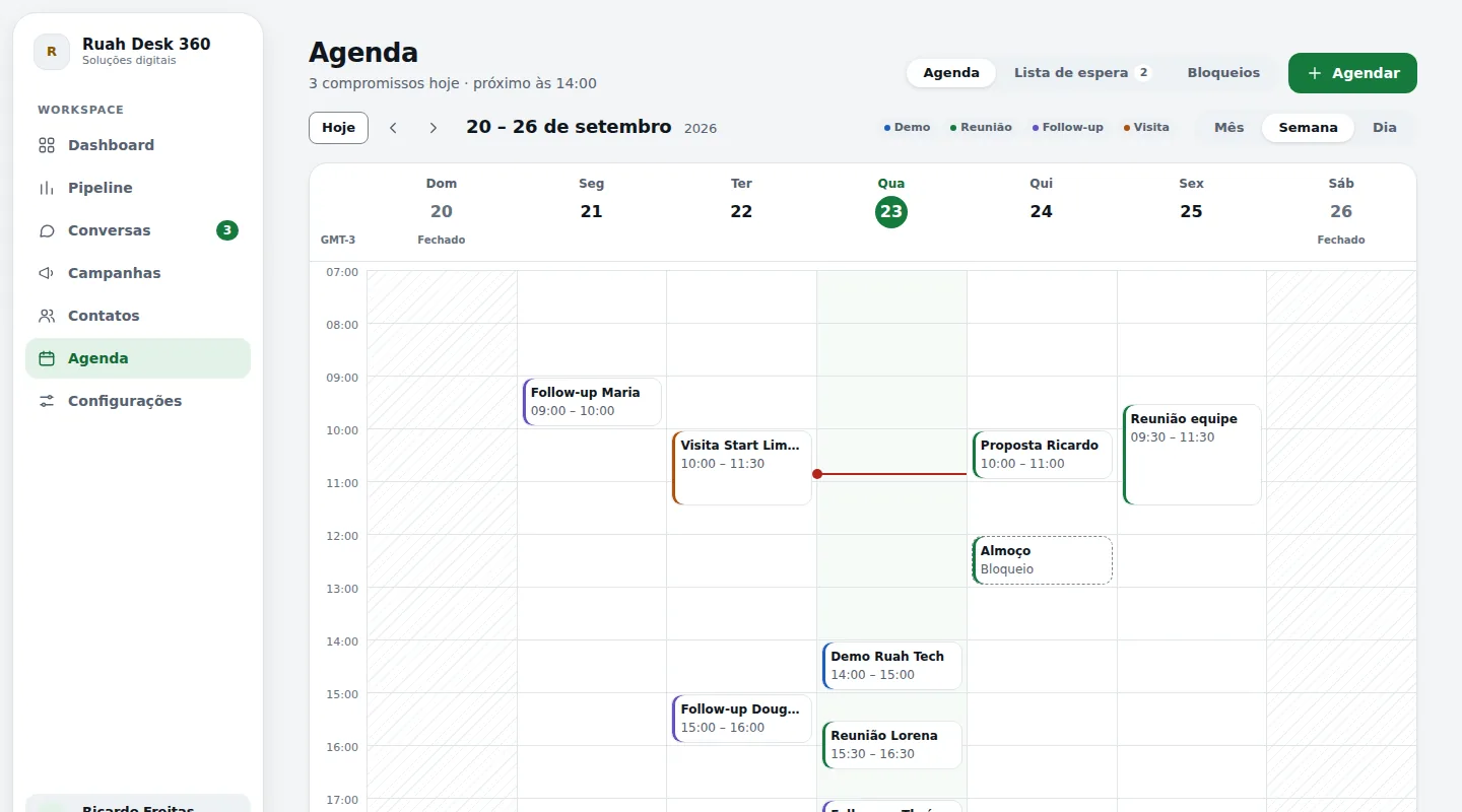 Tela de agenda do Ruah Desk 360